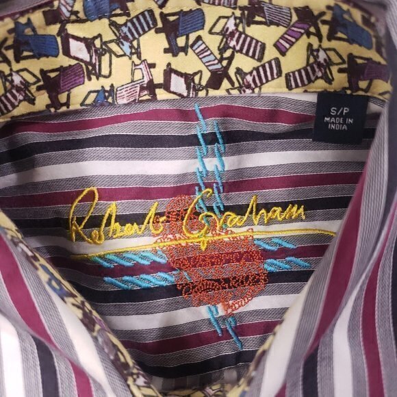 Robert Graham Mens Small Plum, Black, White Striped Flip Cuff Beach Lawn Chairs - Picture 4 of 6